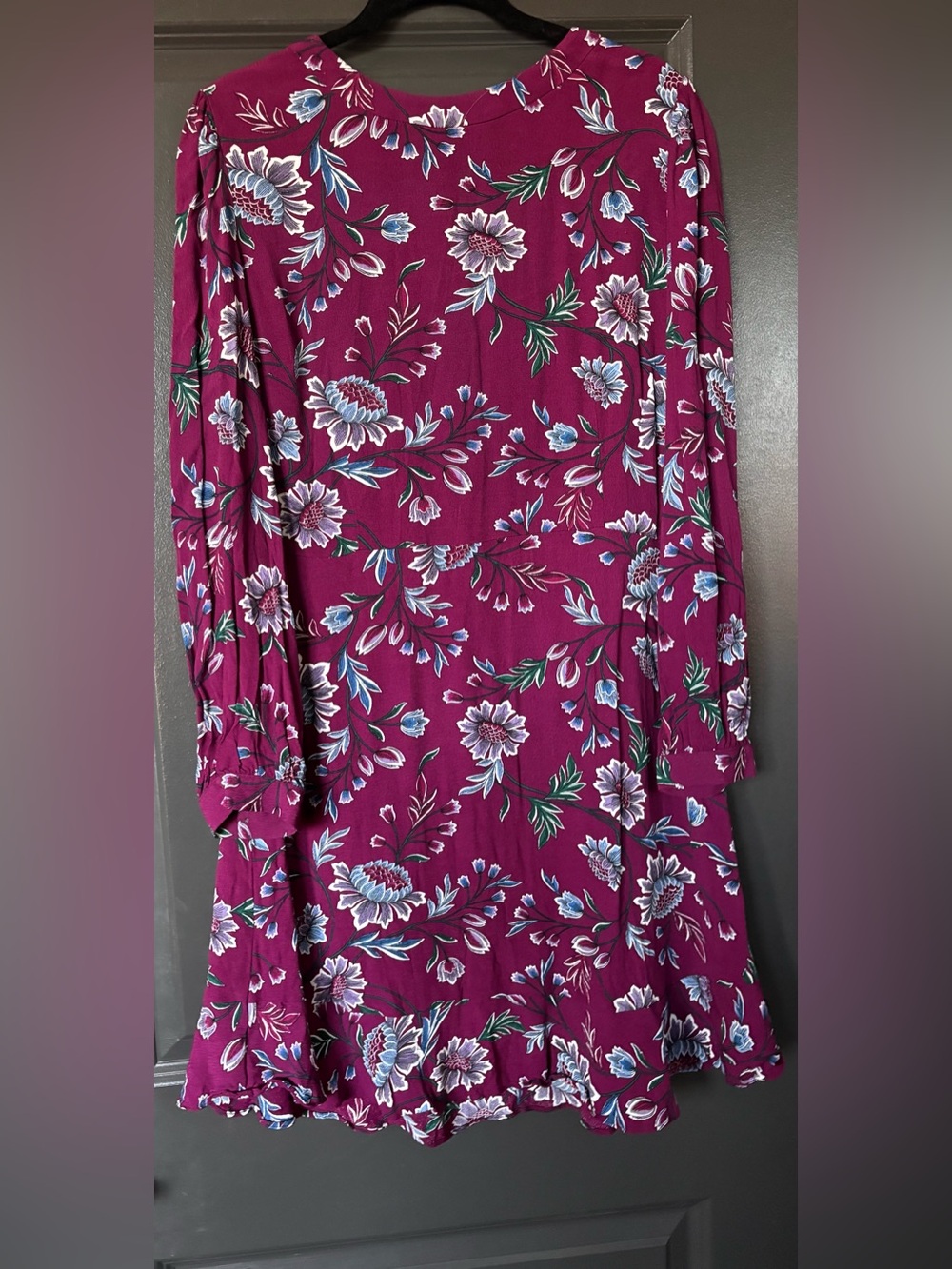 LOFT Long-Sleeve Floral Dress in Magenta with Blue & White Accents